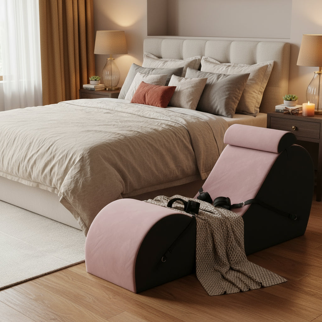 A rose valkyrie Cello Chaise in a bedroom.