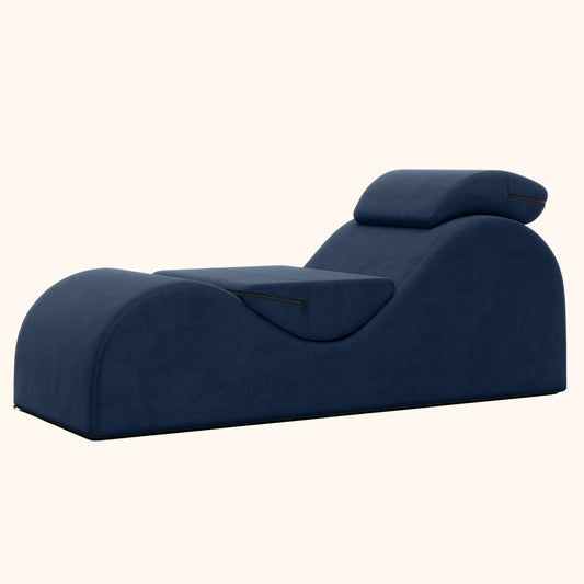 A standard Ink Blue Esse Chaise Bondage, Bedroom Furniture by Liberator against a white background.
