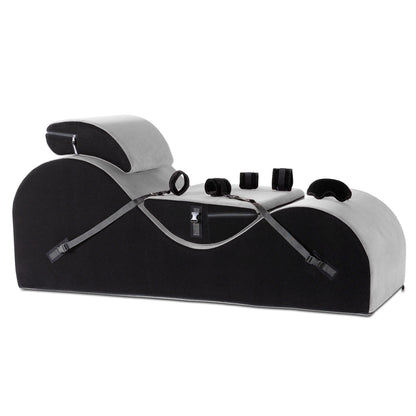 A valkyrie grey Esse Chaise with cuffs and mask Bondage, Bedroom Furniture by Liberator against a white background.