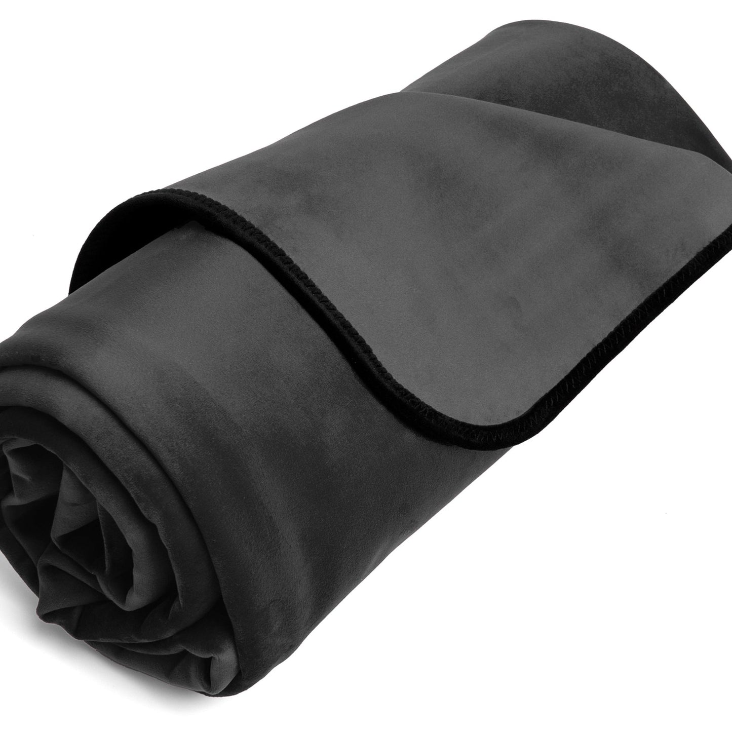 A black Fascinator Splashproof Throws, Bedroom Furniture by Liberator rolled up against a white background.