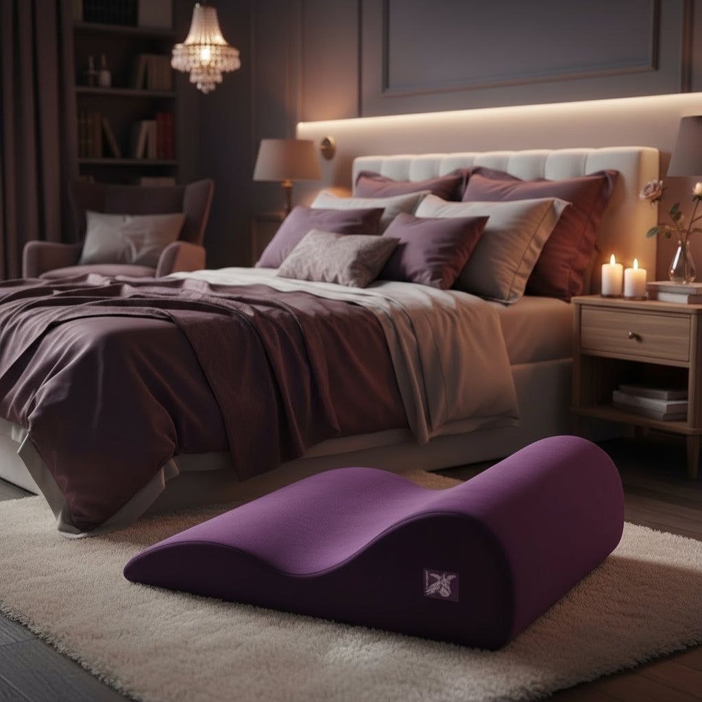 A aubergine Hipster Bondage, Roleplay & Restraints bedroom funiture by Liberator ona bedroom floor.