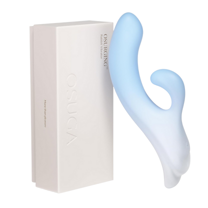 A blue Osurging Rabit Vibrator by Liberator sitting next to the box.