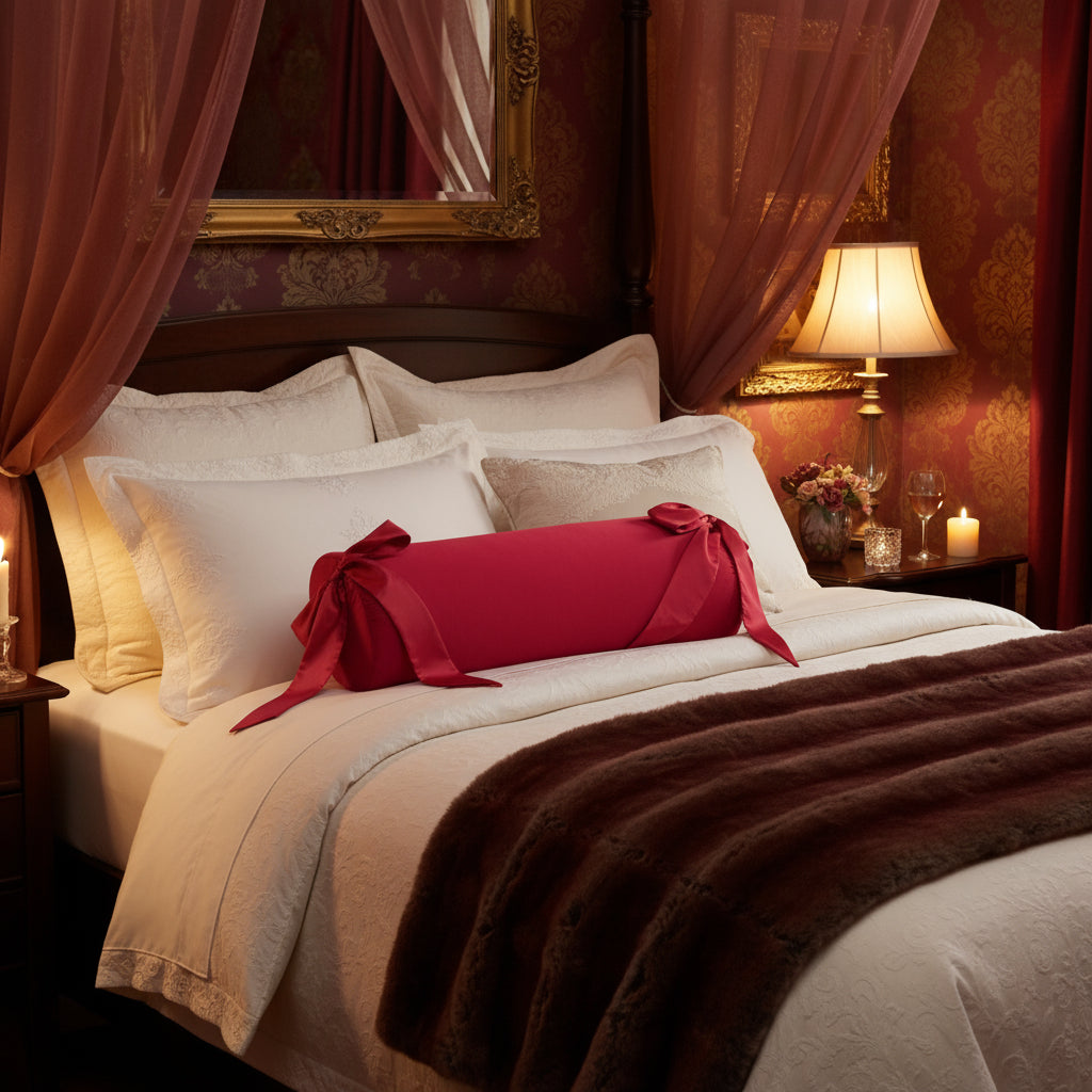 A red Ravish Bondage Pillow, Bedroom Furniture by Liberator on a bed.
