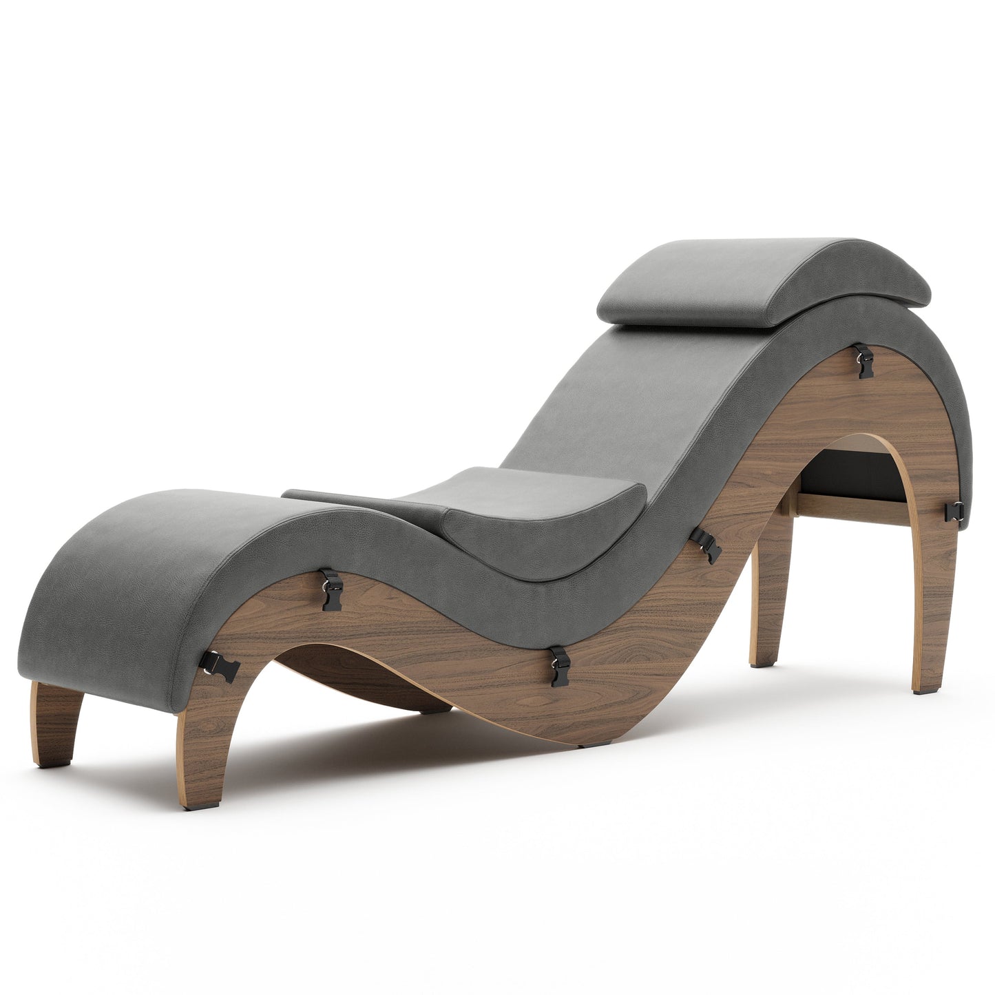 A coyote grey Supervio Tantric Chaise with maple, Bedroom Furniture by Liberator against a white background.