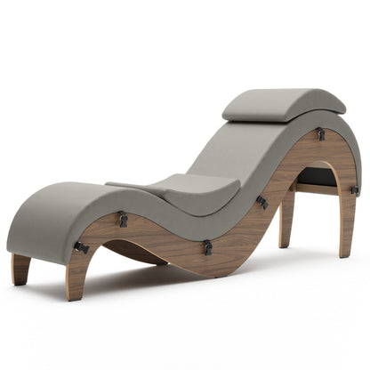A coyote green Supervio Tantric Chaise with maple, Bedroom Furniture by Liberator against a white background.