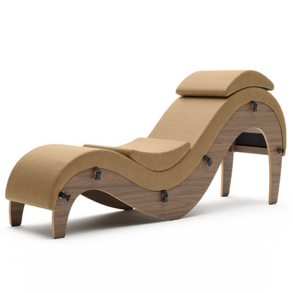 A buckskin colored Supervio Tantric Chaise with maple, Bedroom Furniture by Liberator against a white background.