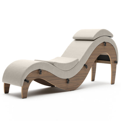 A cream colored Supervio Tantric Chaise with maple, Bedroom Furniture by Liberator against a white background.