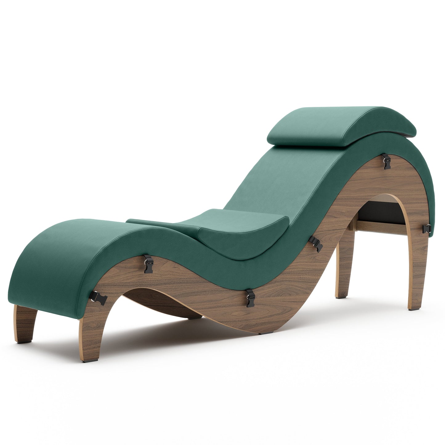 A seaweed green Supervio Tantric Chaise with maple, Bedroom Furniture by Liberator against a white background.