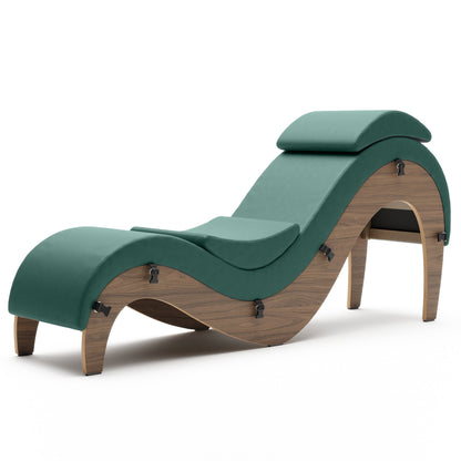 A seaweed green Supervio Tantric Chaise with maple, Bedroom Furniture by Liberator against a white background.