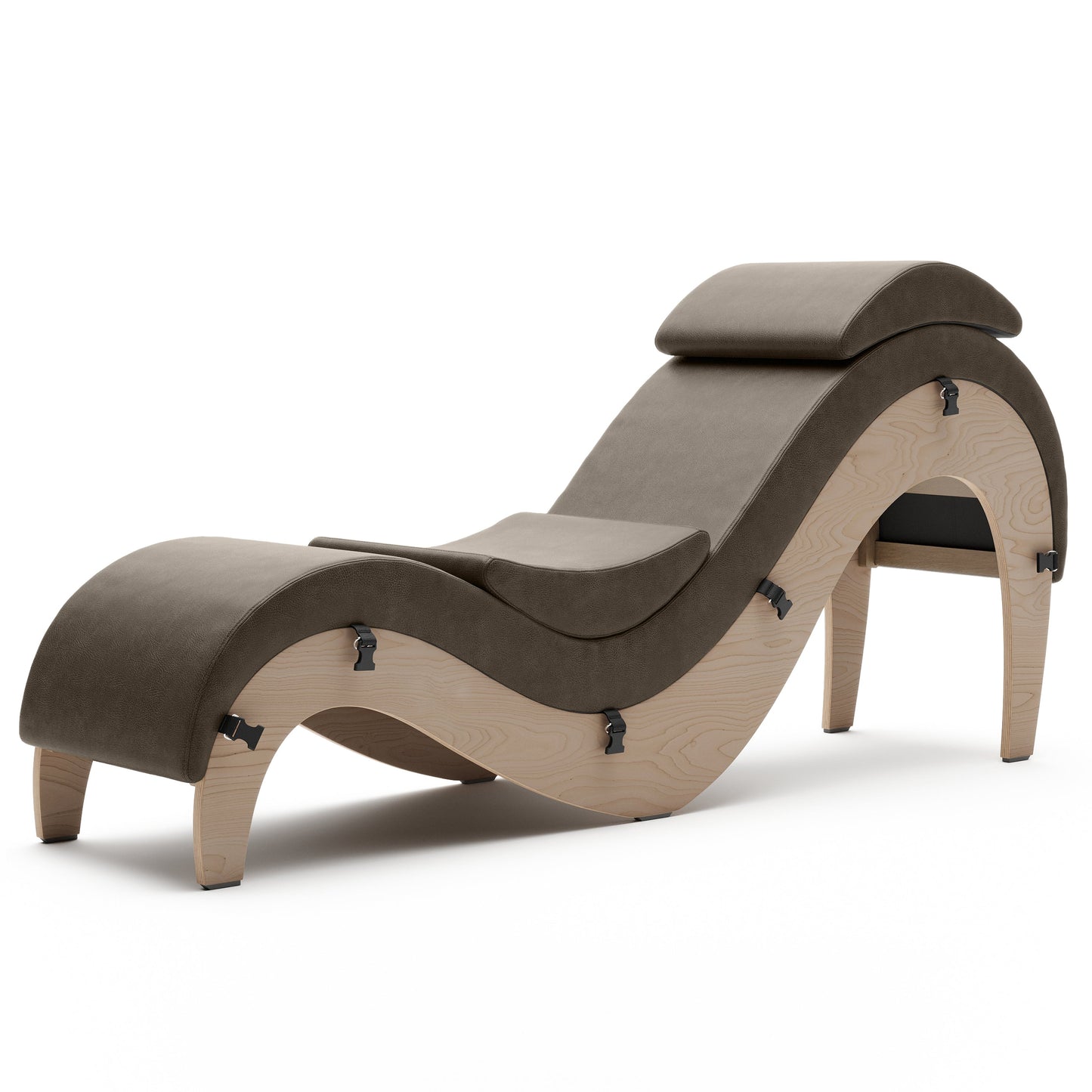 A bison brown Supervio Tantric Chaise with walnut, Bedroom Furniture by Liberator against a white background.