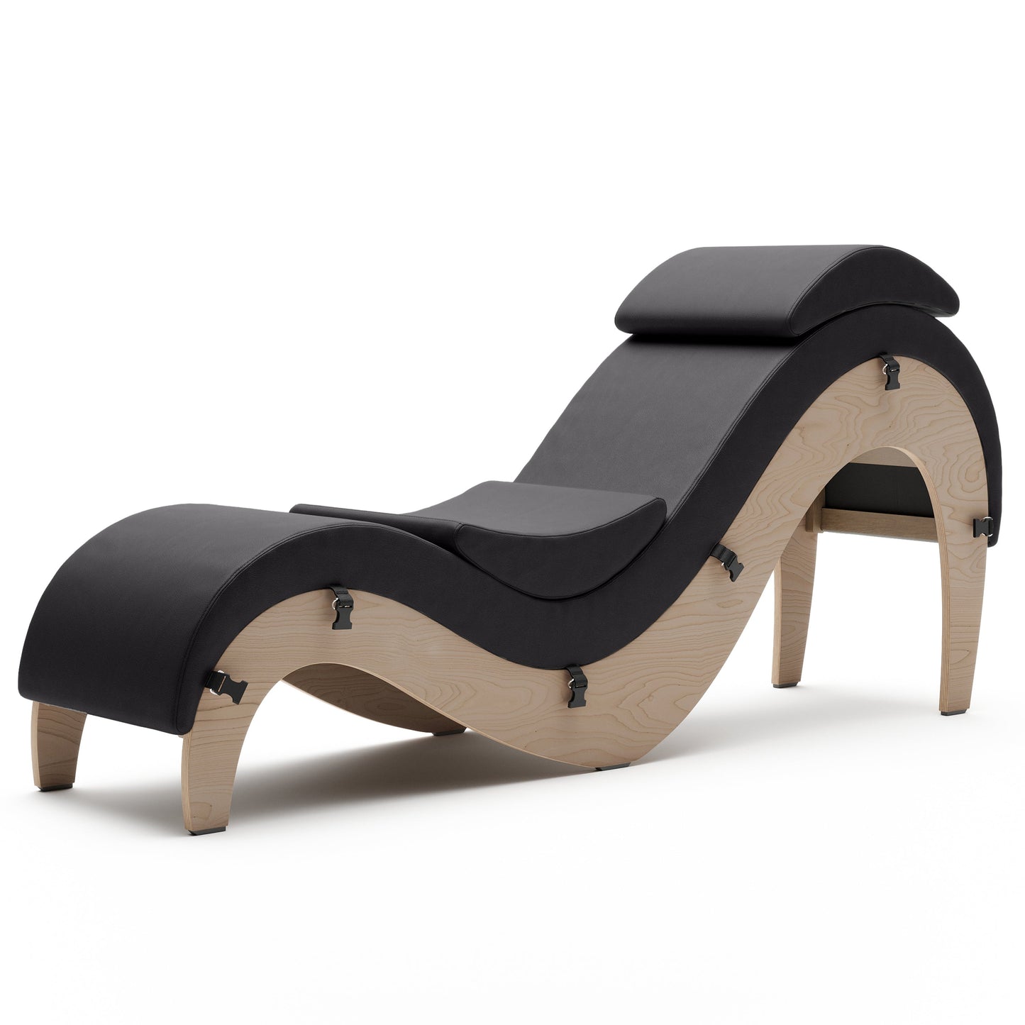 A black Supervio Tantric Chaise with walnut, Bedroom Furniture by Liberator against a white background.