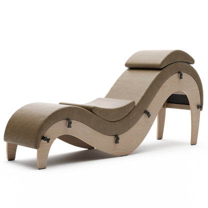 A buckskin colored Supervio Tantric Chaise with walnut, Bedroom Furniture by Liberator against a white background.
