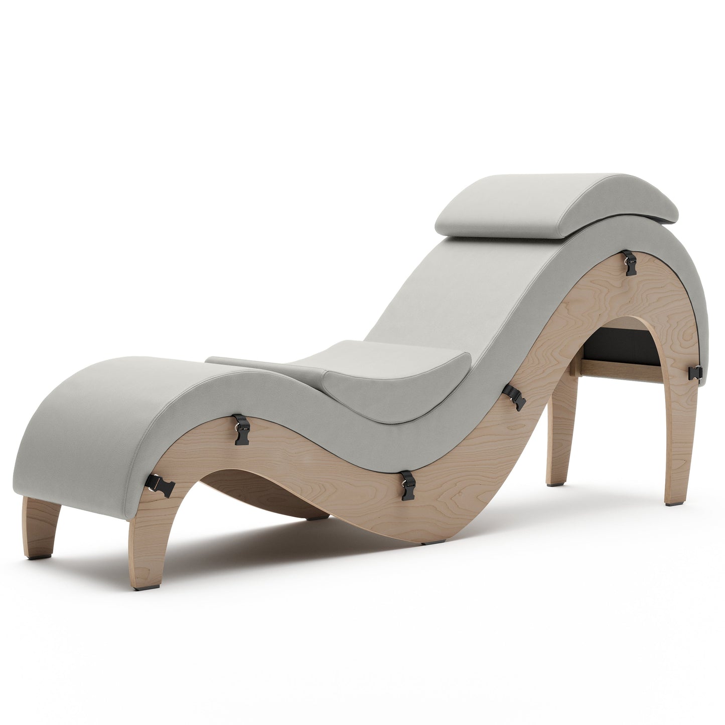 A coyote grey Supervio Tantric Chaise with walnut, Bedroom Furniture by Liberator against a white background.