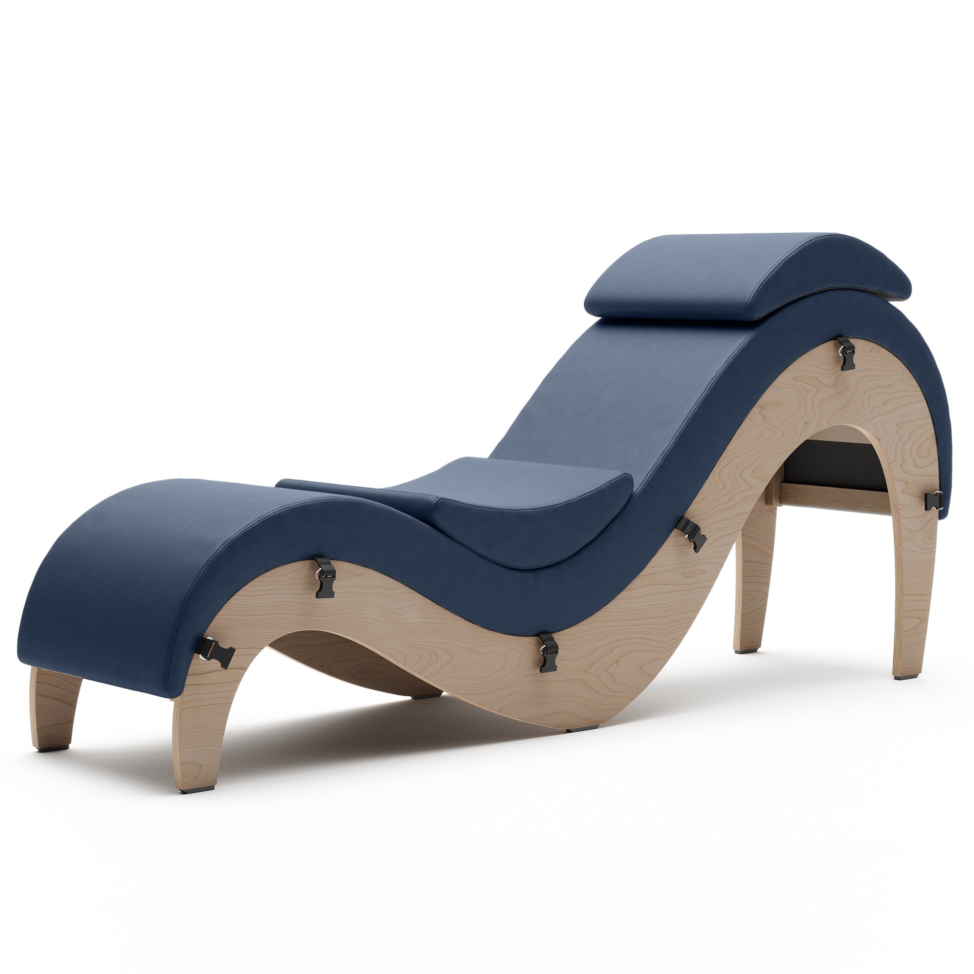 A evening blue Supervio Tantric Chaise with walnut, Bedroom Furniture by Liberator against a white background.