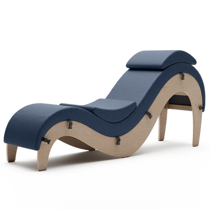 A evening blue Supervio Tantric Chaise with walnut, Bedroom Furniture by Liberator against a white background.