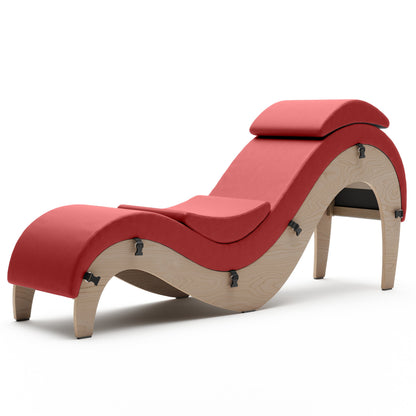 A pompeiian red Supervio Tantric Chaise with walnut, Bedroom Furniture by Liberator against a white background.