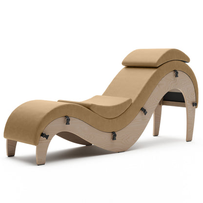 A saddle colored Supervio Tantric Chaise with walnut, Bedroom Furniture by Liberator against a white background.