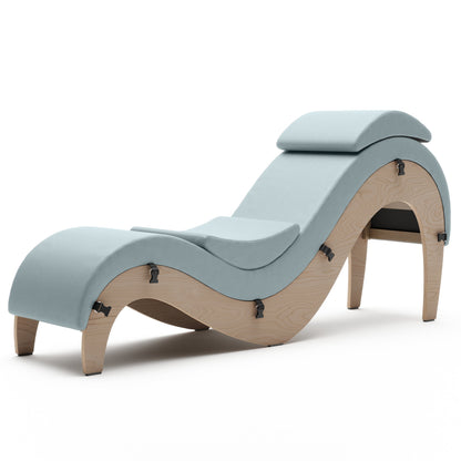 A seaweed green Supervio Tantric Chaise with walnut, Bedroom Furniture by Liberator against a white background.